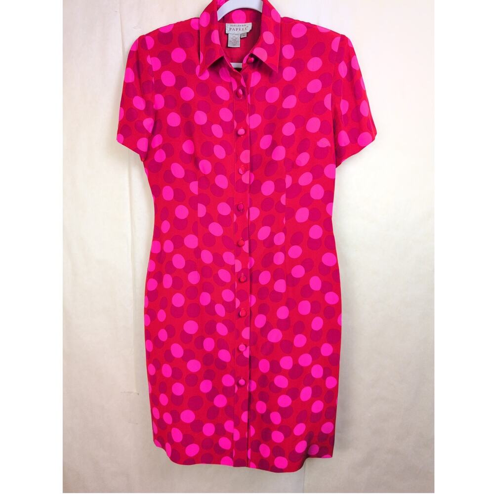 Vintage Adrianna Papell silk polka dot shirt dress Size 8 Red Pink Retro Vibrant